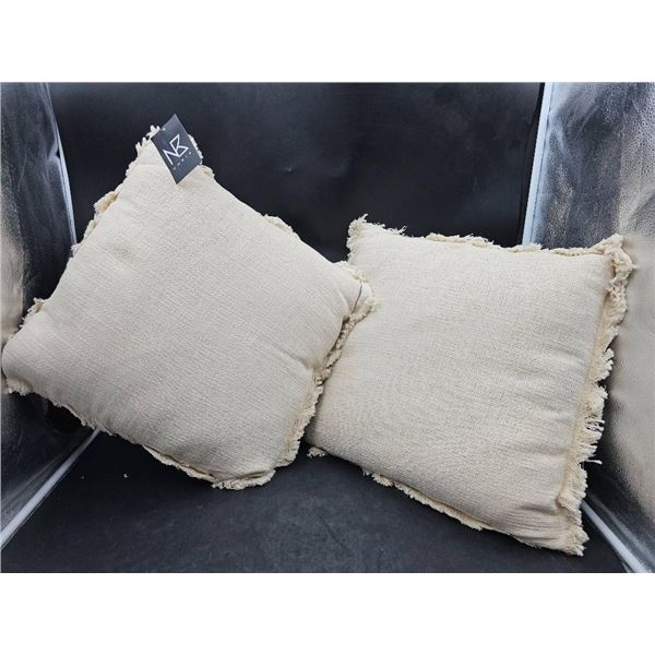 Set Of Two Nobia Beige Textured Throw Pillows With Fringe Detail
