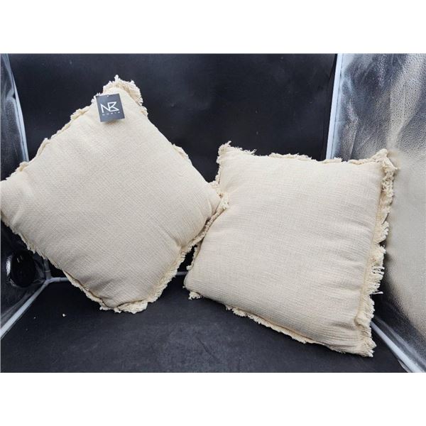 Set Of Two Nobia Beige Textured Throw Pillows With Fringe Detail