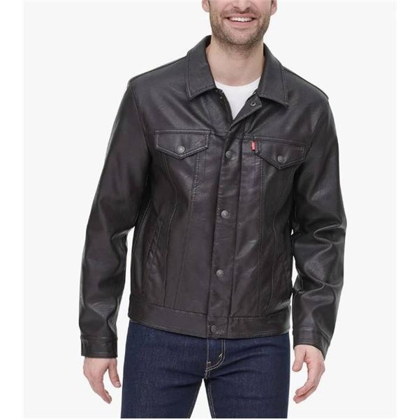 Levis & Strauss Menâ€™s Black Faux Leather Jacket, Size XXL, with Zippered Pockets