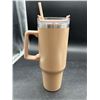 Image 1 : Dual-layer Insulated Tumbler with Handle and Straw, Beige, 40 oz