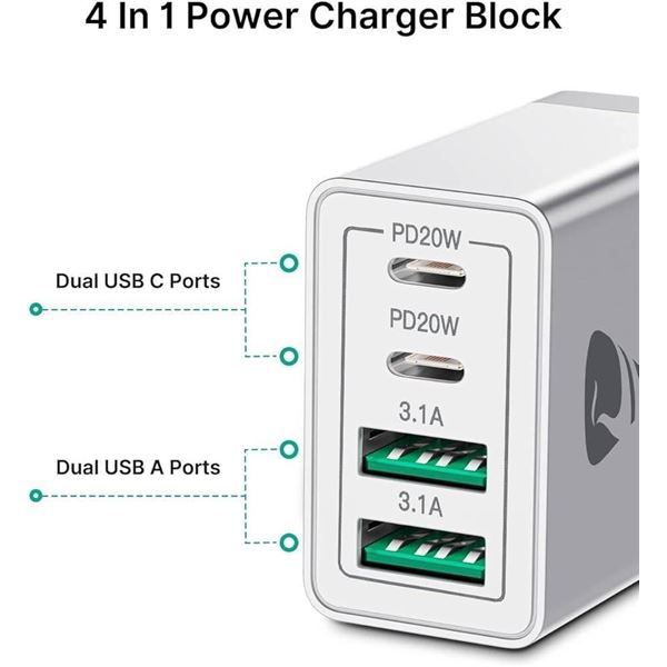 PD20W Wall Charger with Dual USB Ports and Dual USB-C Ports
