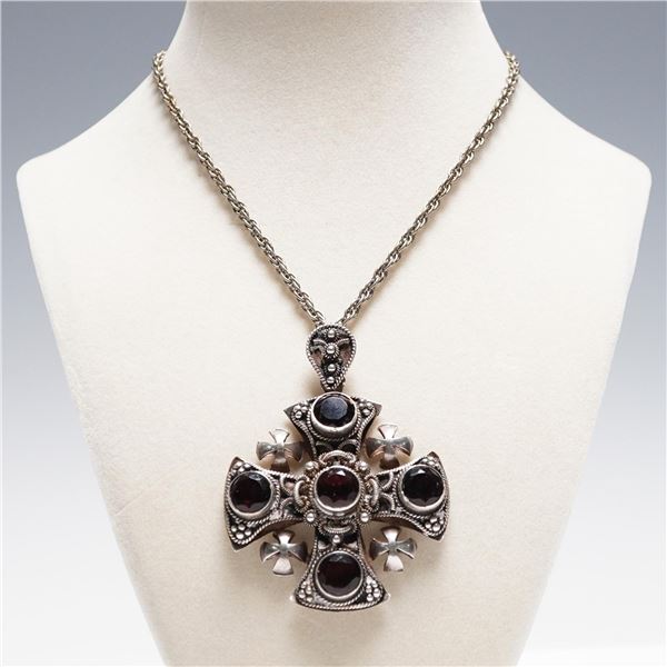 Jerusalem 900 Silver Cross Pendant Necklace with Garnet-Colored Stones