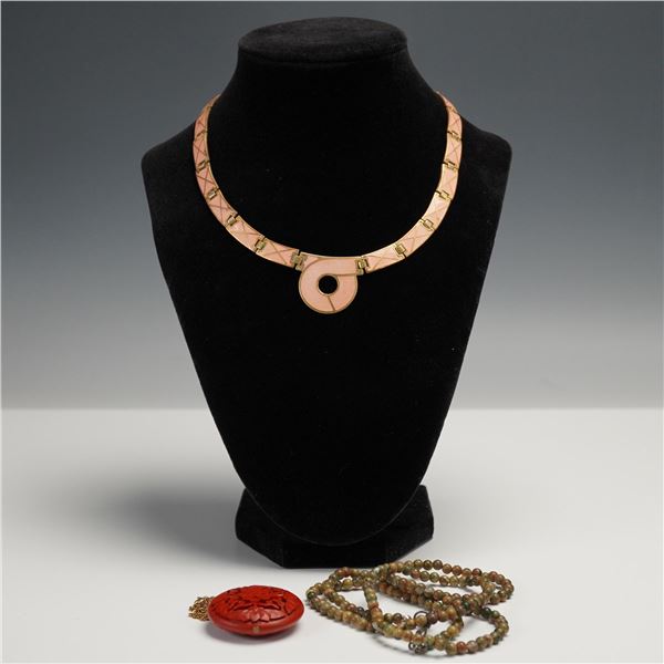 3pc Vintage Necklace Group with Enamel, Carved Pendant, and Jasper Beads