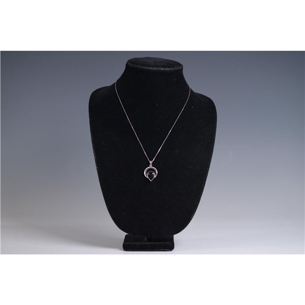 Sterling Silver & Onyx Pendant with Chain, Marked Italy 925