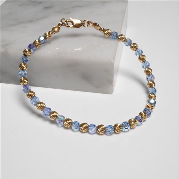 Delicate 14K Gold Plated Lobster Clasp Bracelet with Blue Crystal Beads