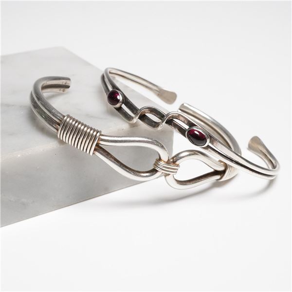 2pc Sterling and Silver-Toned Cuff Bracelet Set with Red Stones