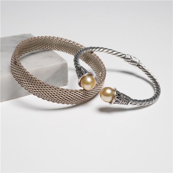 2pc Sterling Silver Bracelets, Braided Mesh and Hinged Cuff
