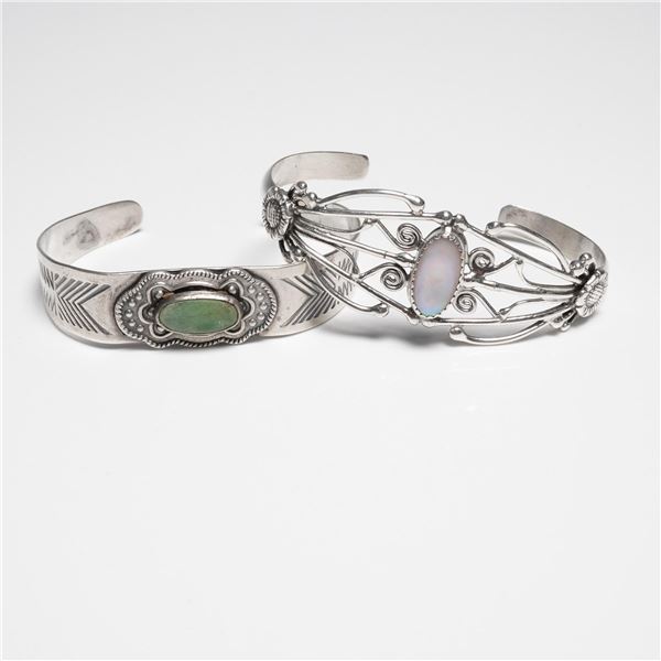 2pc Sterling Silver Cuff Bracelets with Opal & Green Stone