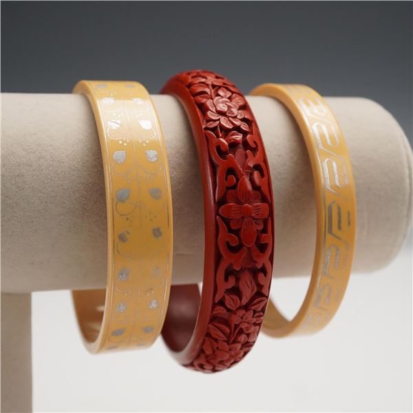 3pc Carved Cinnabar and Lacquered Bangle Bracelets