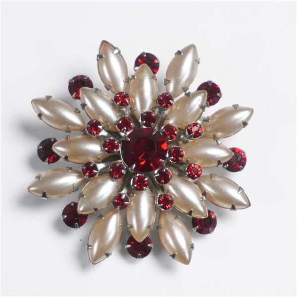 Vintage Faux Pearl and Red Rhinestone Brooch, 2.25"Dia