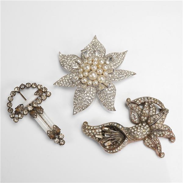 3pc Vintage Rhinestone and Faux Pearl Floral Brooch Set