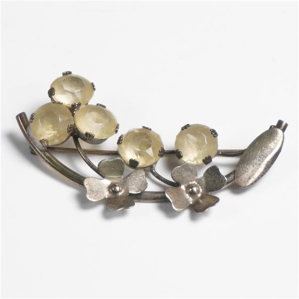 Vintage Sterling Floral Brooch with Yellow Glass Stones