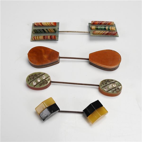 4pc Art Deco Jabot Pin Set, Geometric and Floral Designs