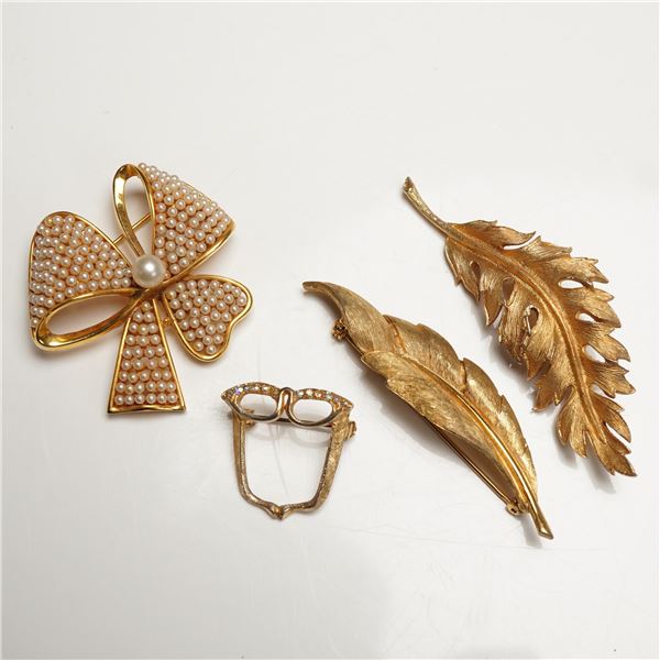 4pc Vintage Gold Tone Brooch Collection, Coro and Marvella