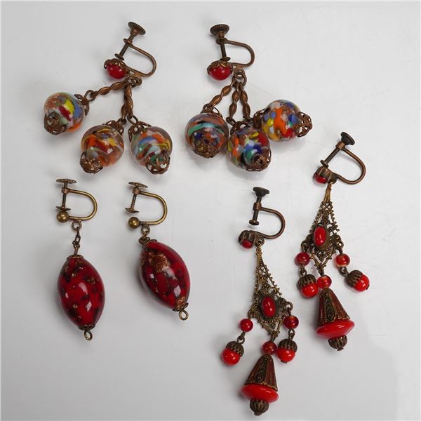 3pc Vintage Glass Bead Screw Back Earrings