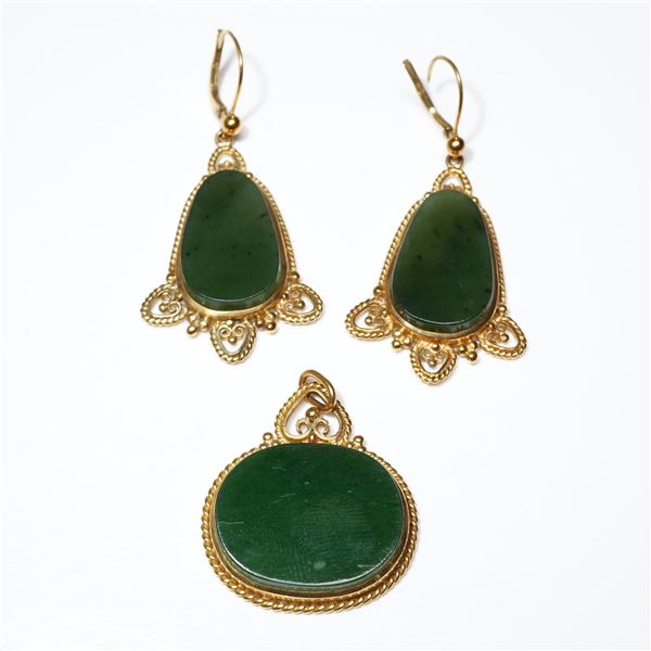 3pc Jade Green Stone Jewelry Set with 18K Gold Mounts