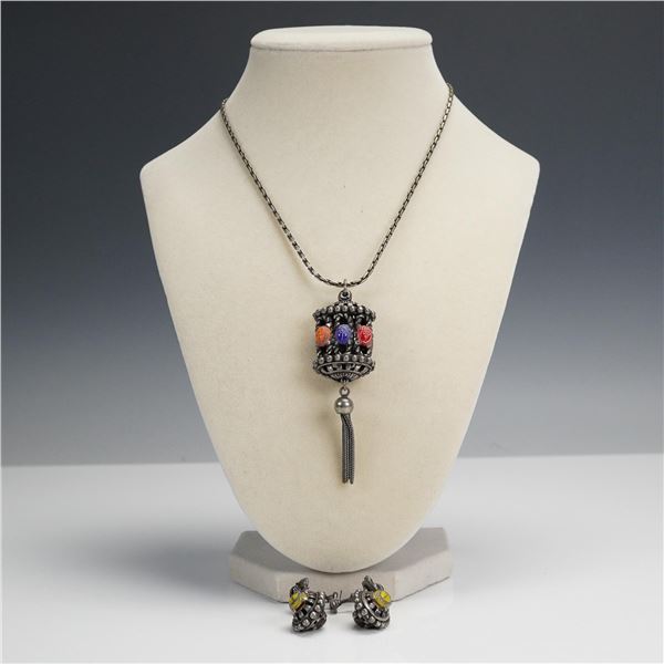 Egyptian Revival Style Scarab Necklace & Screwback Earrings Set