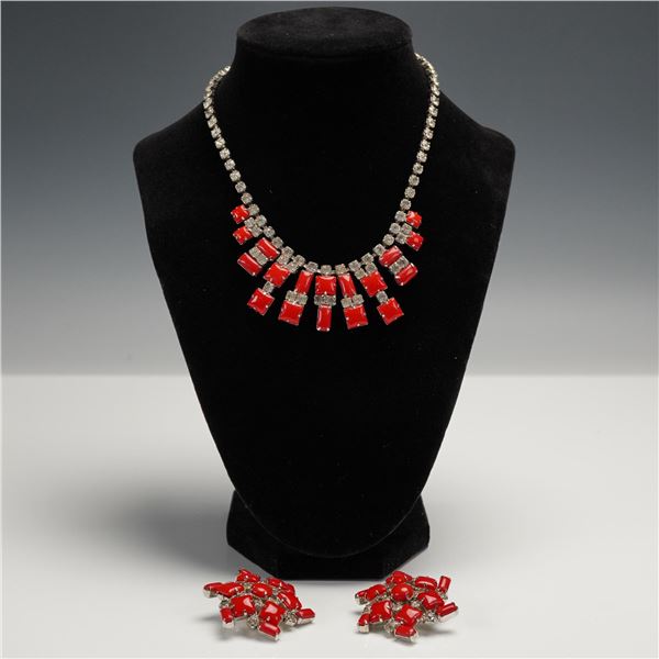3pc Vintage Red & Clear Rhinestone Necklace with matching Clip-On Earrings