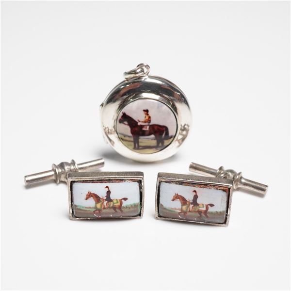 3pc Sterling Silver & Enamel Cufflinks and Locket
