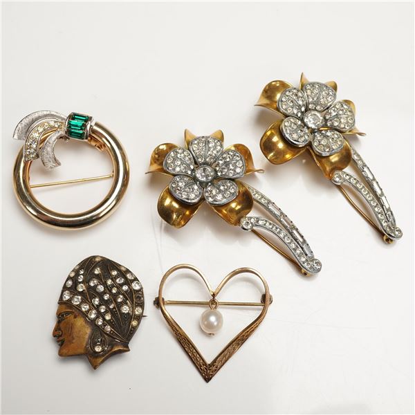 5pc Vintage Brooch Lot, Czechoslovakia and 12K Gold-Filled Heart