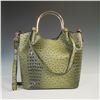 Image 1 : Green Embossed Faux Ostrich and Crocodile Tote Bag with Pouch
