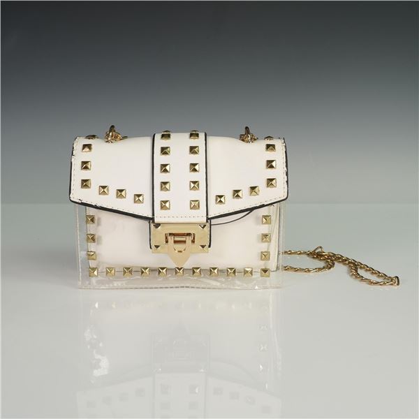 White Studded Handbag with Gold Chain and Clasp