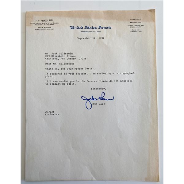 U.S. Senator Jake Garn signed letter