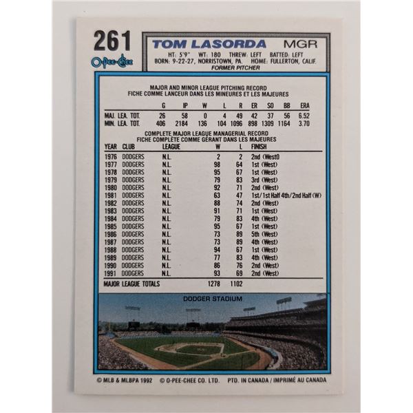 Tom Lasorda Dodgers O-Pee-Chee Baseball Manager Card