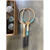 Image 2 : ANTIQUE FRUIT CRATE, ASSORTED ANTIQUE MASON JARS AND TENNIS RACKETS
