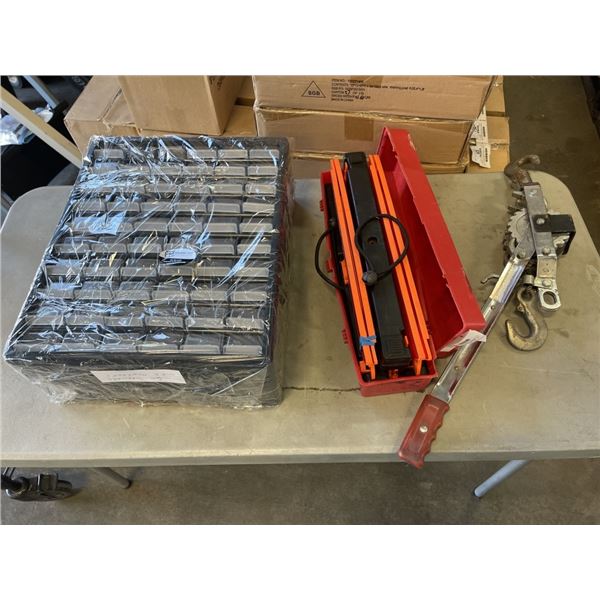 60 DRAWER HARDWARE ORGANIZER WITH CONTENTS, TRIANGLE FLARES AND AND HOOK CINCH
