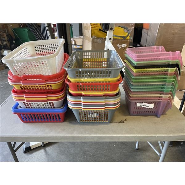 THREE STACKS OF BASKETS AND BINS