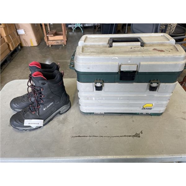 PLANO TACKLE SYSTEM BOX WITH ASSORTED HARDWARE AND COLUMBIA SIZE 11 BOOTS