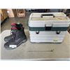 Image 1 : PLANO TACKLE SYSTEM BOX WITH ASSORTED HARDWARE AND COLUMBIA SIZE 11 BOOTS