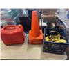 Image 1 : CRATE OF HEAVY DUTY STRAPS, SAFETY CONES AND GAS CAN