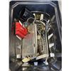 Image 2 : BOX AND TOTE OF CUTLERY, CANADIAN CLUB BOTTLE AND COLLECTIBLES