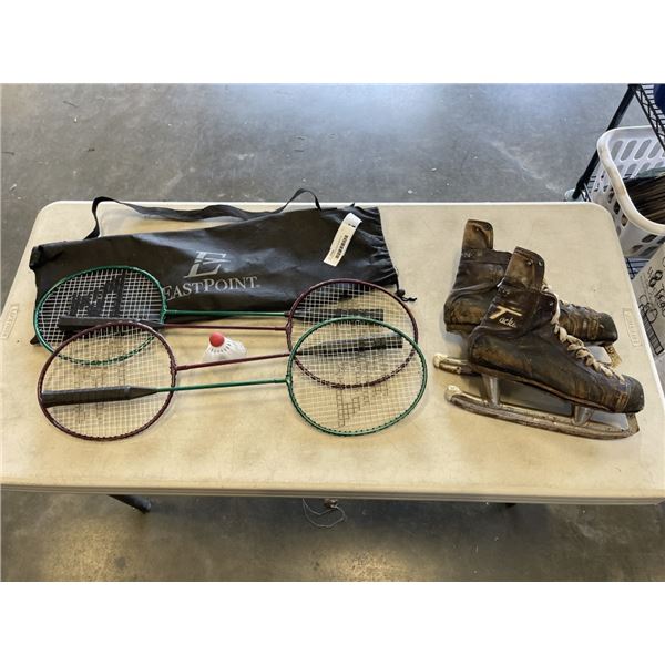 VINTAGE SKATES AND BADMINTON RAQUETS