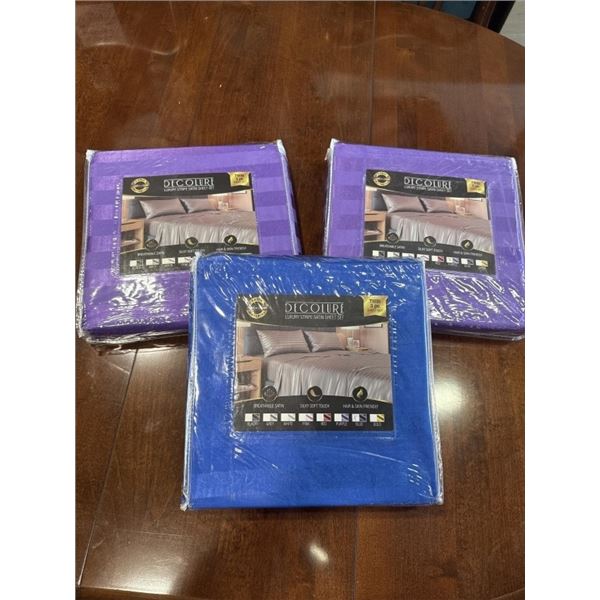 3 NEW TWIN SIZE LUXURY SATIN 3PC SHEET SETS, 2  PURPLE AND ONE BLUE