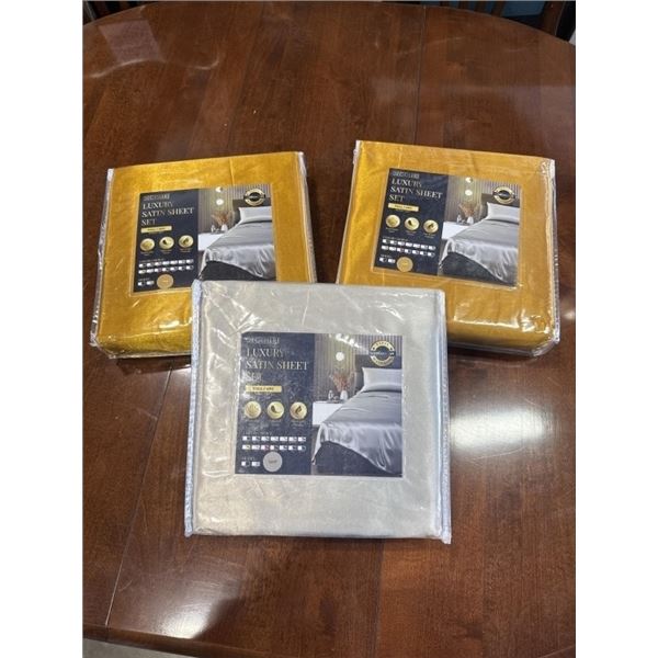 3 NEW FULL SIZE LUXURY SATIN 4PC SHEET SETS, 2  GOLD AND ONE TAUPE