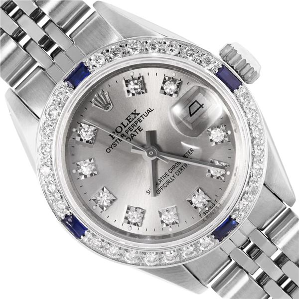 Rolex Ladies Stainless Steel Gray Diamond And Sapphire Date Wristwatch 26MM