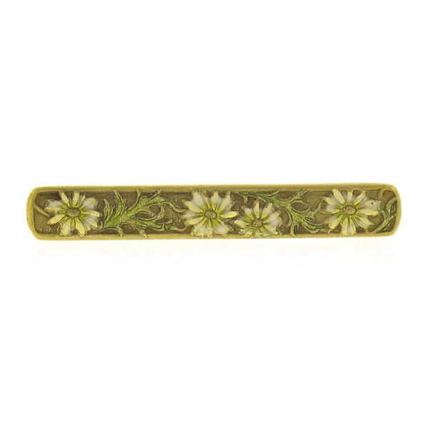 Antique Krementz 14K Gold Floral White & Green Enamel Petite Bar Pin Brooch