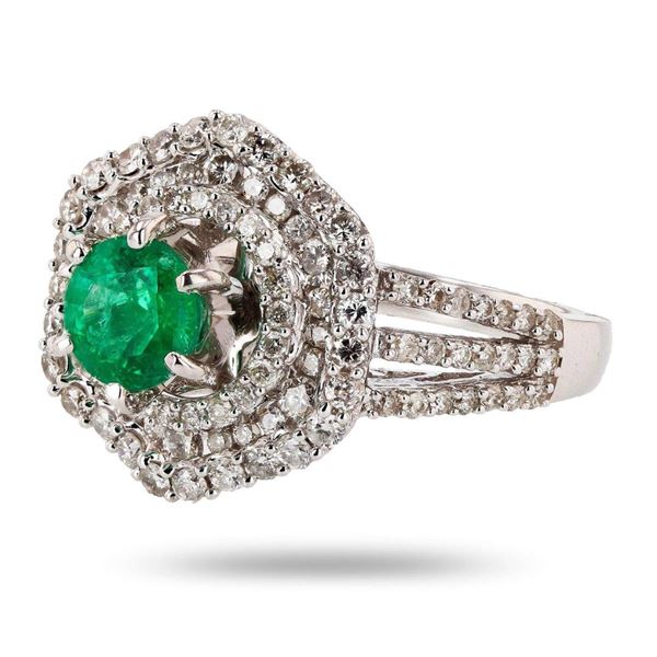 0.91 ctw Emerald and 1.09 ctw Diamond 14K White Gold Ring