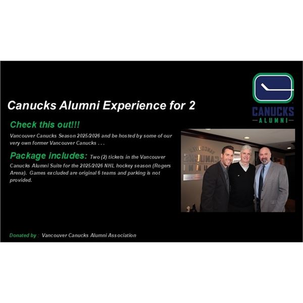 TWO TICKETS IN  CANUCKS ALUMNI SUITE FOR A  2025/2026  HOCKEY GAME