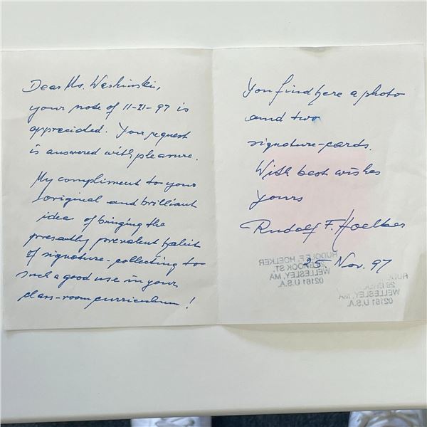 Space Flight Scientist Rudolf F. Hoelker signed letter
