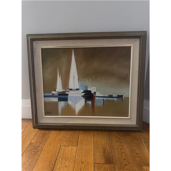 abstract oil painting of sailboats in a harbor, signed "Studley."