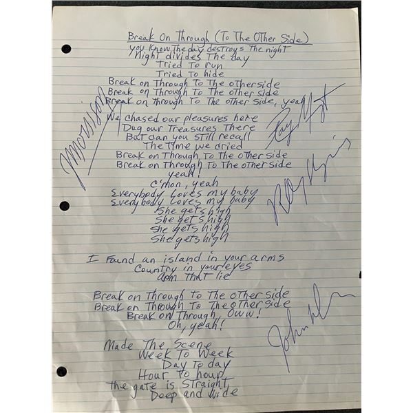 The Doors Band Signed handwritten Break On Through To The Other Side Lyrics