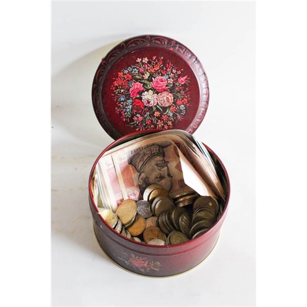OLD TIN WITH MIXED CURRENCY