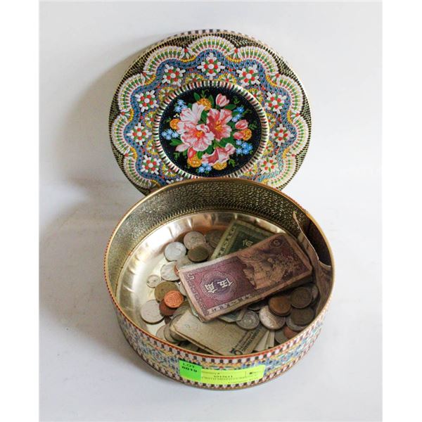 OLD TIN WITH MIXED CURRENCY