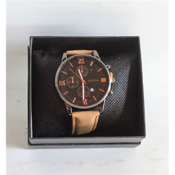 LADIES FASHION WATCH; GENEVA BROWN LEATHER BAND