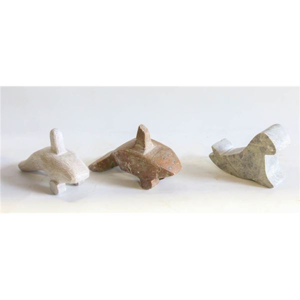 3 SOAPSTONE CARVINGS; 2 ORCAS & 1 SEAL