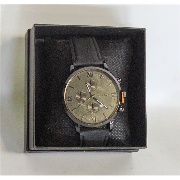 LADIES FASHION WATCH; GENEVA ALL BLACK W/ LEATHER